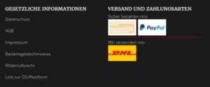 Versand & Zahlungsarten Screenshot